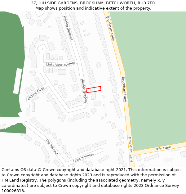 37, HILLSIDE GARDENS, BROCKHAM, BETCHWORTH, RH3 7ER: Location map and indicative extent of plot