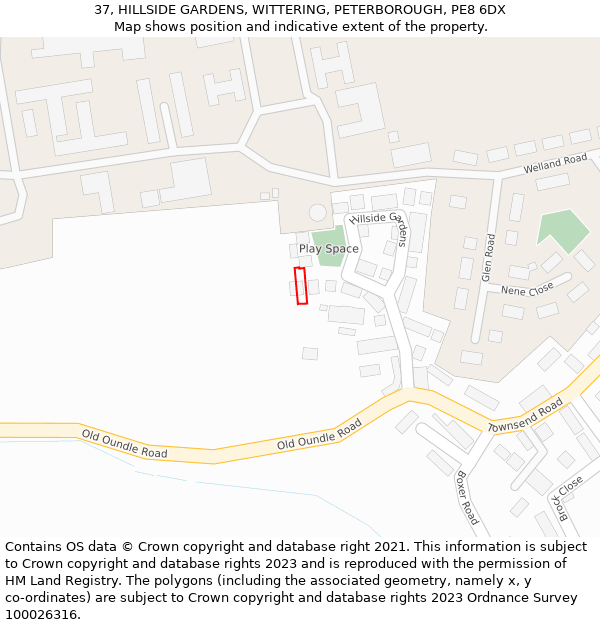 37, HILLSIDE GARDENS, WITTERING, PETERBOROUGH, PE8 6DX: Location map and indicative extent of plot