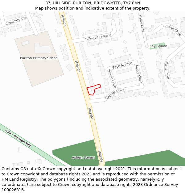 37, HILLSIDE, PURITON, BRIDGWATER, TA7 8AN: Location map and indicative extent of plot