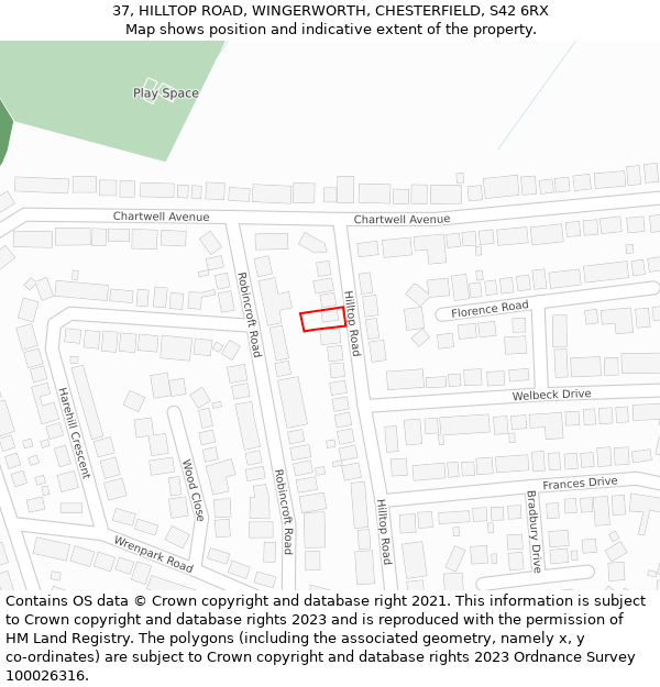 37, HILLTOP ROAD, WINGERWORTH, CHESTERFIELD, S42 6RX: Location map and indicative extent of plot