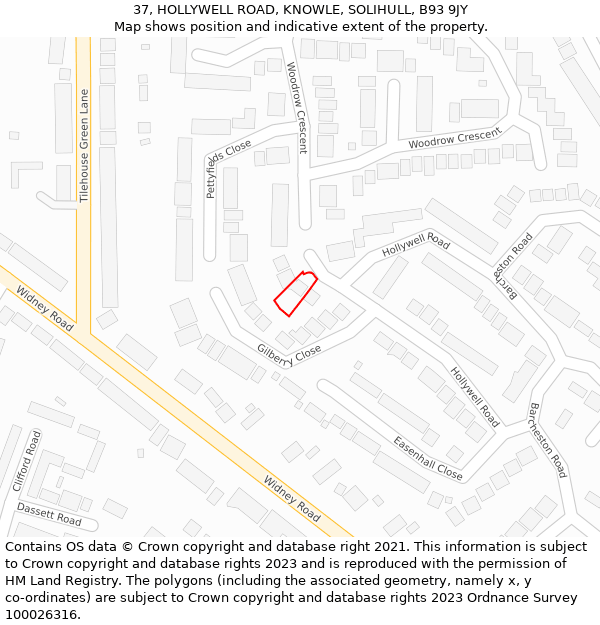 37, HOLLYWELL ROAD, KNOWLE, SOLIHULL, B93 9JY: Location map and indicative extent of plot