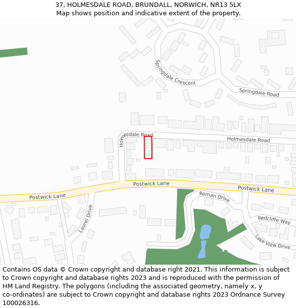 37, HOLMESDALE ROAD, BRUNDALL, NORWICH, NR13 5LX: Location map and indicative extent of plot