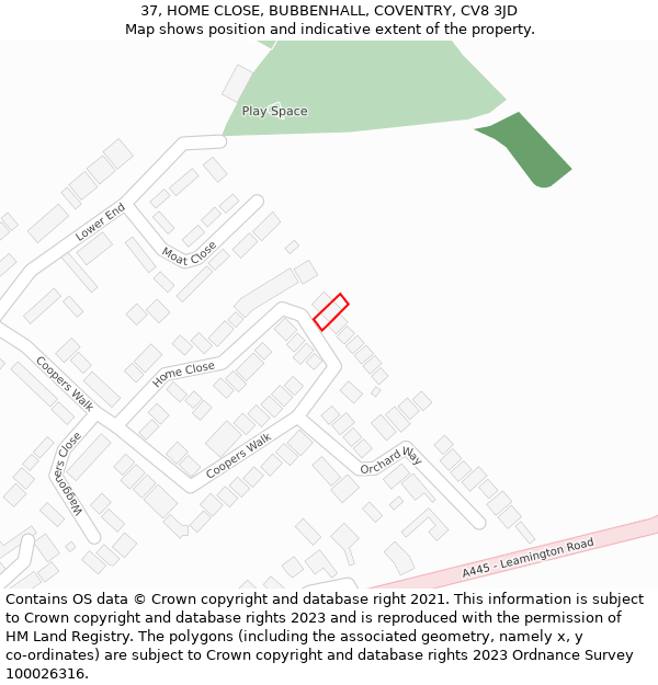 37, HOME CLOSE, BUBBENHALL, COVENTRY, CV8 3JD: Location map and indicative extent of plot