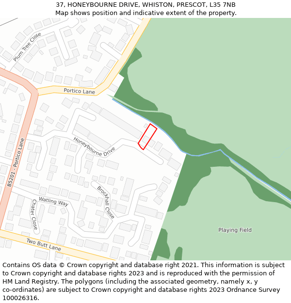 37, HONEYBOURNE DRIVE, WHISTON, PRESCOT, L35 7NB: Location map and indicative extent of plot
