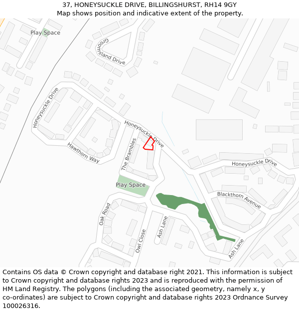 37, HONEYSUCKLE DRIVE, BILLINGSHURST, RH14 9GY: Location map and indicative extent of plot