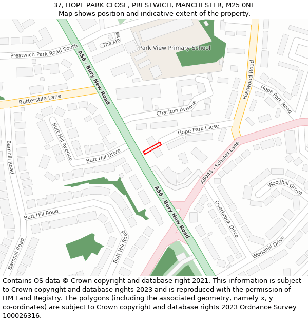 37, HOPE PARK CLOSE, PRESTWICH, MANCHESTER, M25 0NL: Location map and indicative extent of plot