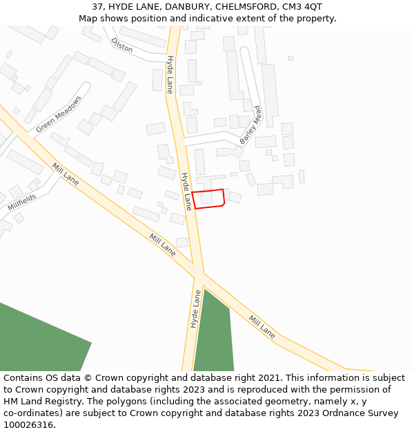 37, HYDE LANE, DANBURY, CHELMSFORD, CM3 4QT: Location map and indicative extent of plot