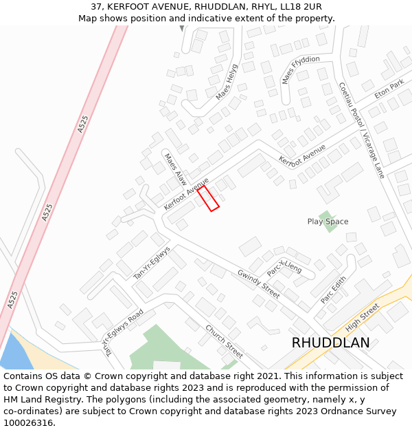 37, KERFOOT AVENUE, RHUDDLAN, RHYL, LL18 2UR: Location map and indicative extent of plot