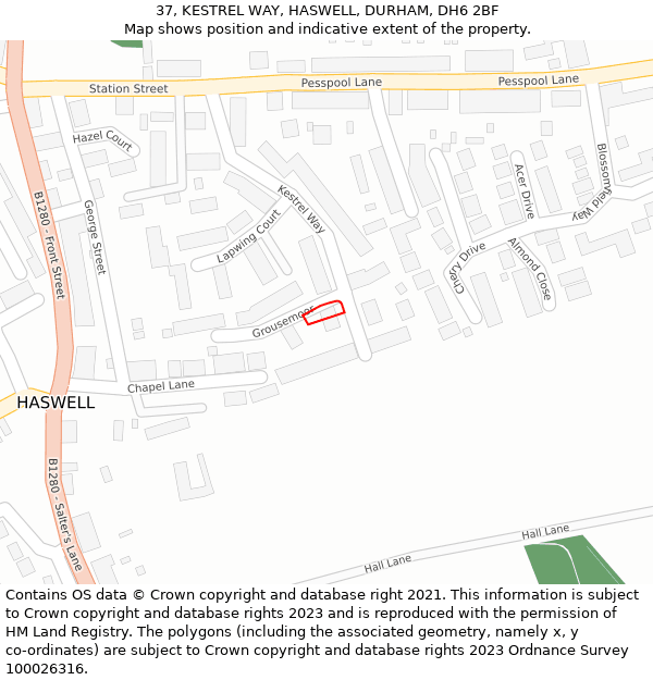 37, KESTREL WAY, HASWELL, DURHAM, DH6 2BF: Location map and indicative extent of plot