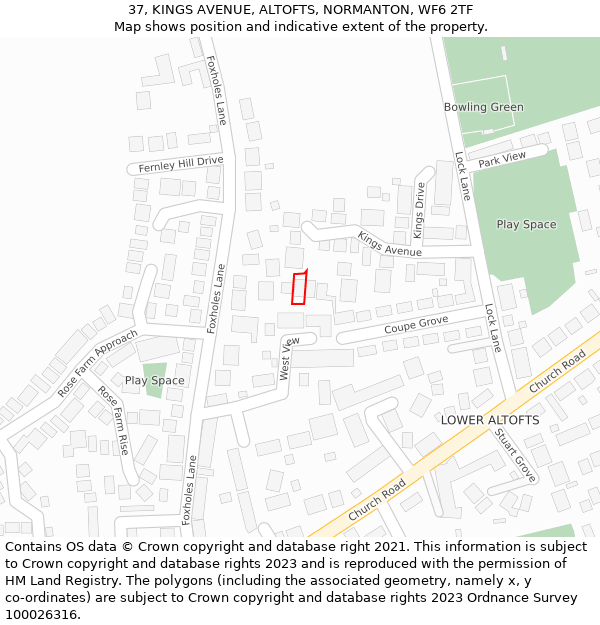 37, KINGS AVENUE, ALTOFTS, NORMANTON, WF6 2TF: Location map and indicative extent of plot
