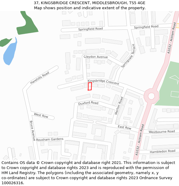 37, KINGSBRIDGE CRESCENT, MIDDLESBROUGH, TS5 4GE: Location map and indicative extent of plot