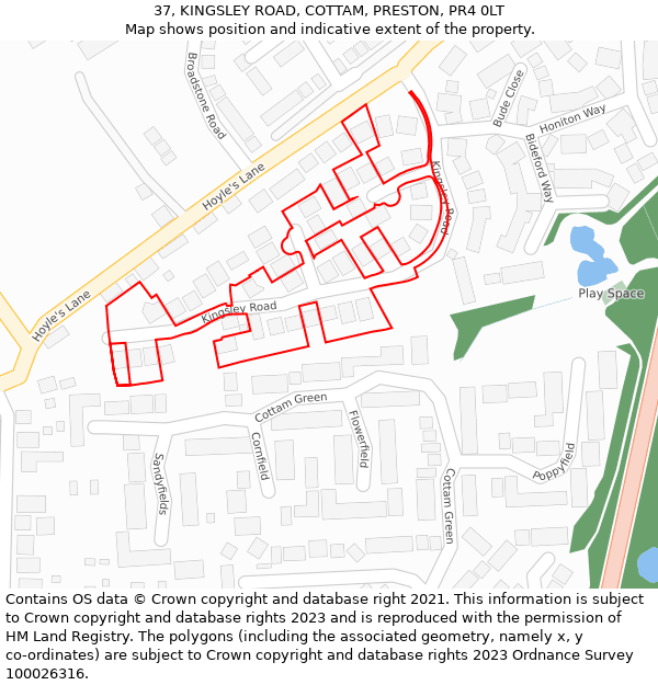 37, KINGSLEY ROAD, COTTAM, PRESTON, PR4 0LT: Location map and indicative extent of plot