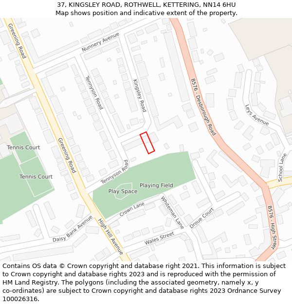 37, KINGSLEY ROAD, ROTHWELL, KETTERING, NN14 6HU: Location map and indicative extent of plot