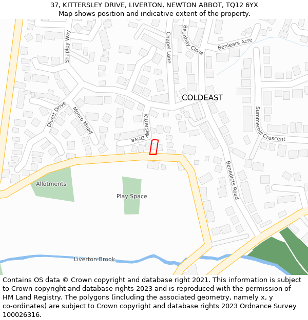 37, KITTERSLEY DRIVE, LIVERTON, NEWTON ABBOT, TQ12 6YX: Location map and indicative extent of plot