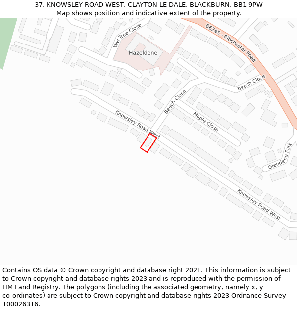 37, KNOWSLEY ROAD WEST, CLAYTON LE DALE, BLACKBURN, BB1 9PW: Location map and indicative extent of plot