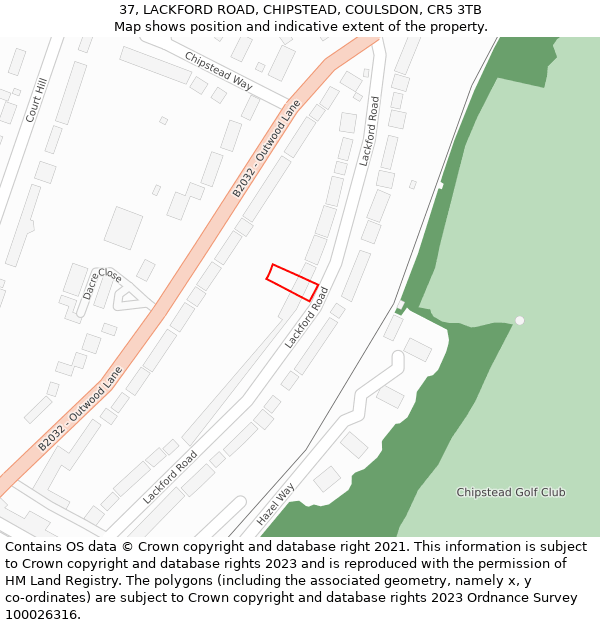 37, LACKFORD ROAD, CHIPSTEAD, COULSDON, CR5 3TB: Location map and indicative extent of plot