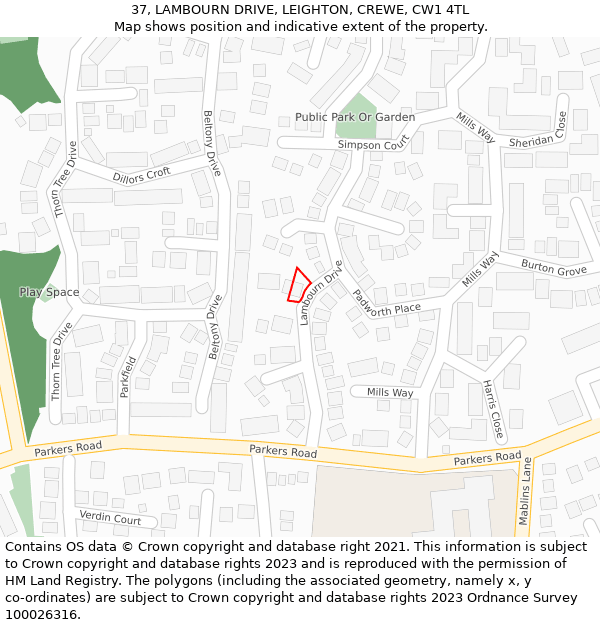 37, LAMBOURN DRIVE, LEIGHTON, CREWE, CW1 4TL: Location map and indicative extent of plot