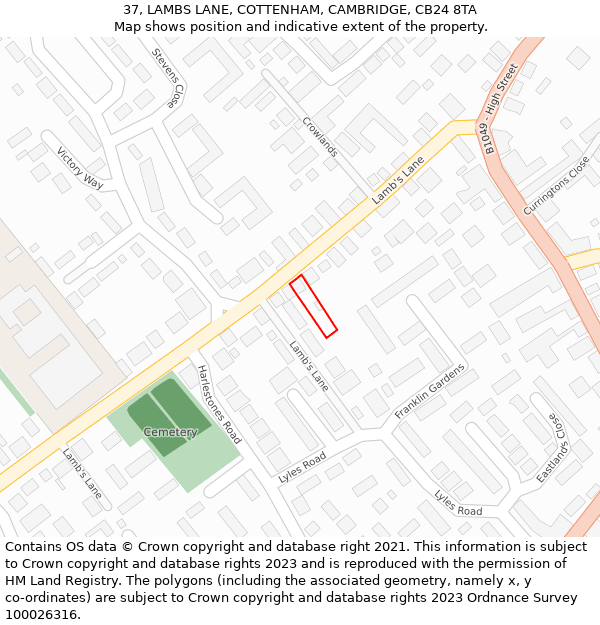 37, LAMBS LANE, COTTENHAM, CAMBRIDGE, CB24 8TA: Location map and indicative extent of plot
