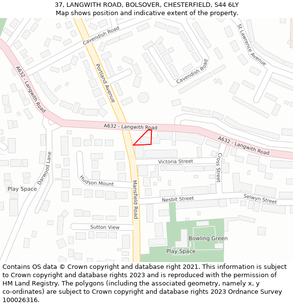 37, LANGWITH ROAD, BOLSOVER, CHESTERFIELD, S44 6LY: Location map and indicative extent of plot