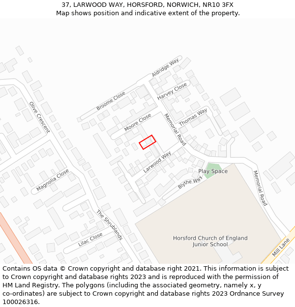 37, LARWOOD WAY, HORSFORD, NORWICH, NR10 3FX: Location map and indicative extent of plot