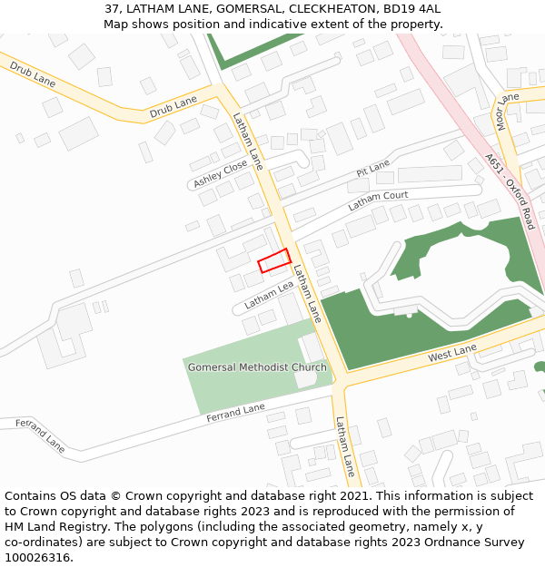 37, LATHAM LANE, GOMERSAL, CLECKHEATON, BD19 4AL: Location map and indicative extent of plot