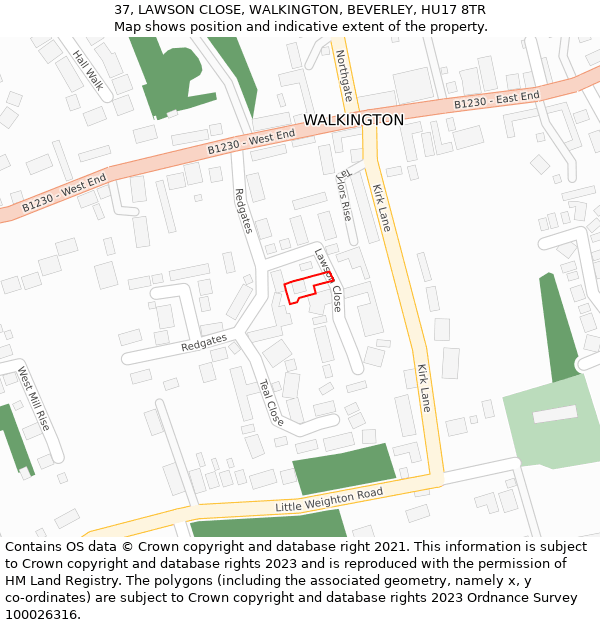 37, LAWSON CLOSE, WALKINGTON, BEVERLEY, HU17 8TR: Location map and indicative extent of plot