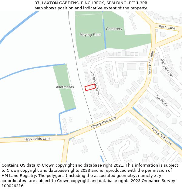 37, LAXTON GARDENS, PINCHBECK, SPALDING, PE11 3PR: Location map and indicative extent of plot