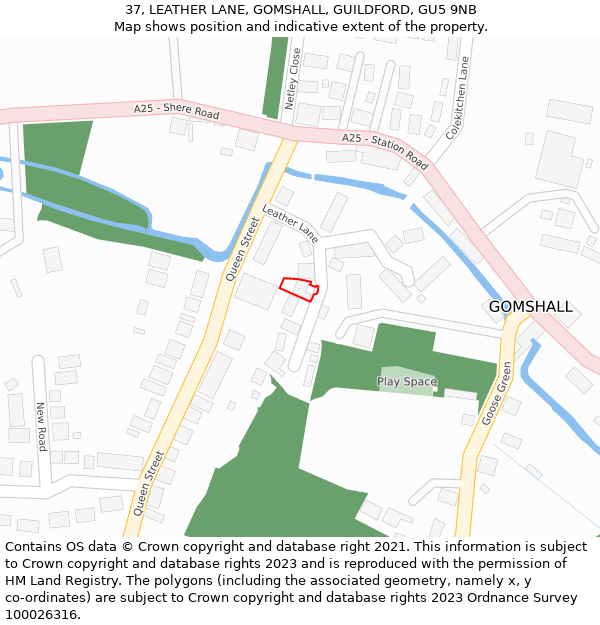 37, LEATHER LANE, GOMSHALL, GUILDFORD, GU5 9NB: Location map and indicative extent of plot