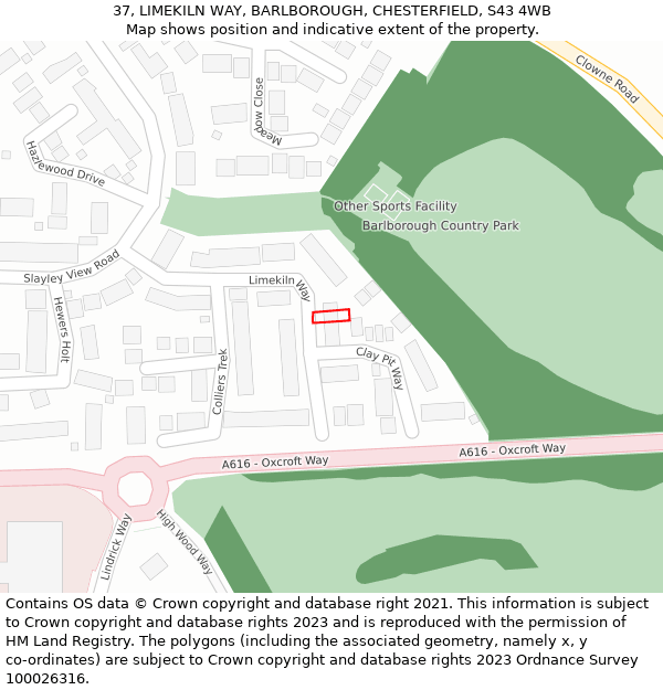 37, LIMEKILN WAY, BARLBOROUGH, CHESTERFIELD, S43 4WB: Location map and indicative extent of plot