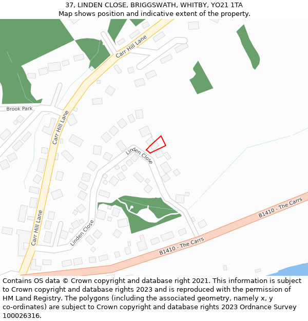 37, LINDEN CLOSE, BRIGGSWATH, WHITBY, YO21 1TA: Location map and indicative extent of plot
