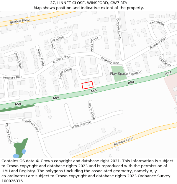 37, LINNET CLOSE, WINSFORD, CW7 3FA: Location map and indicative extent of plot