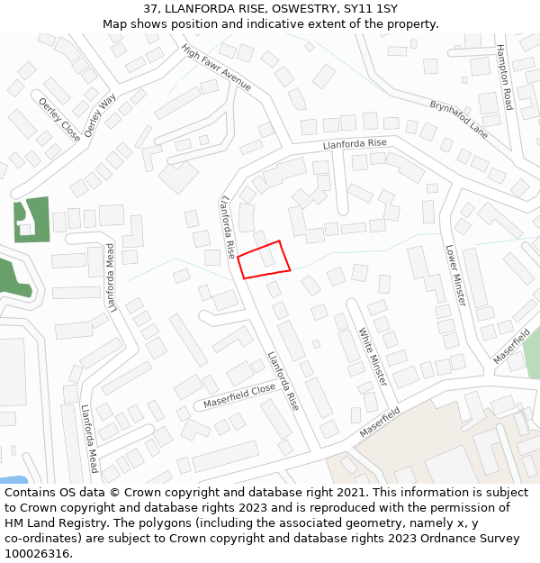 37, LLANFORDA RISE, OSWESTRY, SY11 1SY: Location map and indicative extent of plot