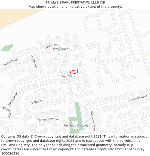 37, LLYS BRAN, PRESTATYN, LL19 7JB: Location map and indicative extent of plot