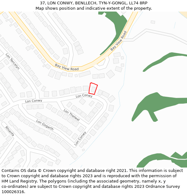 37, LON CONWY, BENLLECH, TYN-Y-GONGL, LL74 8RP: Location map and indicative extent of plot