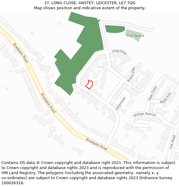 37, LONG CLOSE, ANSTEY, LEICESTER, LE7 7QG: Location map and indicative extent of plot