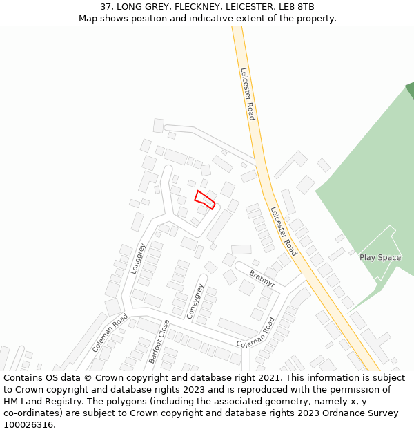 37, LONG GREY, FLECKNEY, LEICESTER, LE8 8TB: Location map and indicative extent of plot