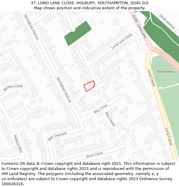 37, LONG LANE CLOSE, HOLBURY, SOUTHAMPTON, SO45 2LE: Location map and indicative extent of plot