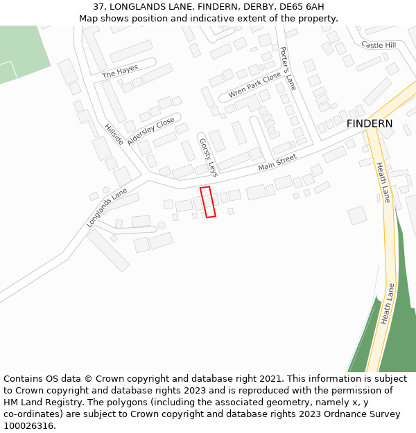 37, LONGLANDS LANE, FINDERN, DERBY, DE65 6AH: Location map and indicative extent of plot