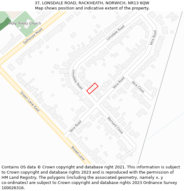37, LONSDALE ROAD, RACKHEATH, NORWICH, NR13 6QW: Location map and indicative extent of plot