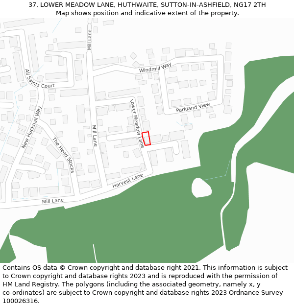 37, LOWER MEADOW LANE, HUTHWAITE, SUTTON-IN-ASHFIELD, NG17 2TH: Location map and indicative extent of plot