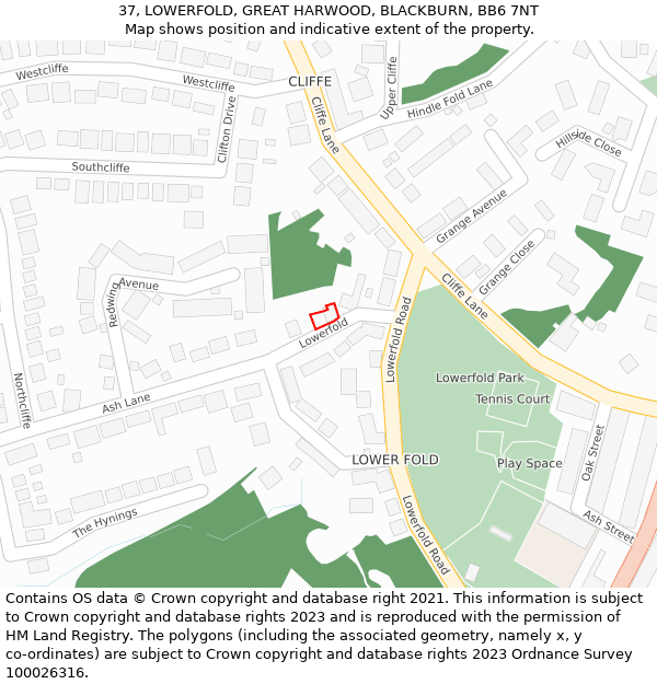 37, LOWERFOLD, GREAT HARWOOD, BLACKBURN, BB6 7NT: Location map and indicative extent of plot