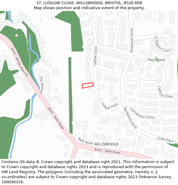 37, LUDLOW CLOSE, WILLSBRIDGE, BRISTOL, BS30 6EB: Location map and indicative extent of plot