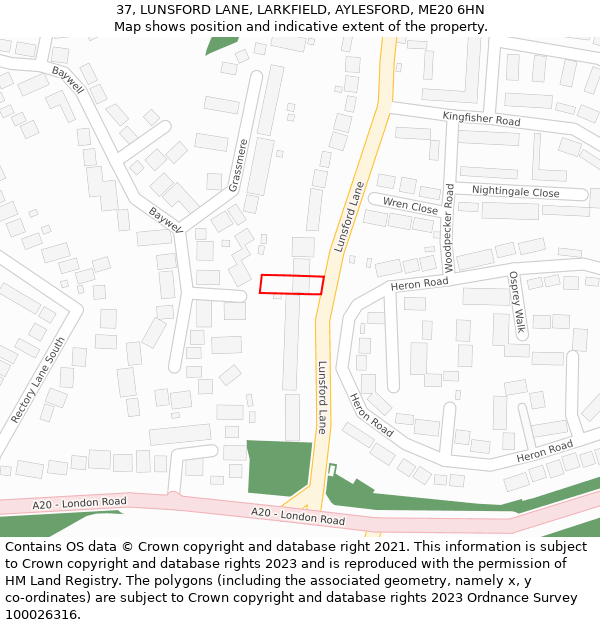 37, LUNSFORD LANE, LARKFIELD, AYLESFORD, ME20 6HN: Location map and indicative extent of plot