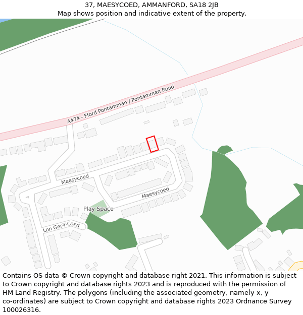 37, MAESYCOED, AMMANFORD, SA18 2JB: Location map and indicative extent of plot