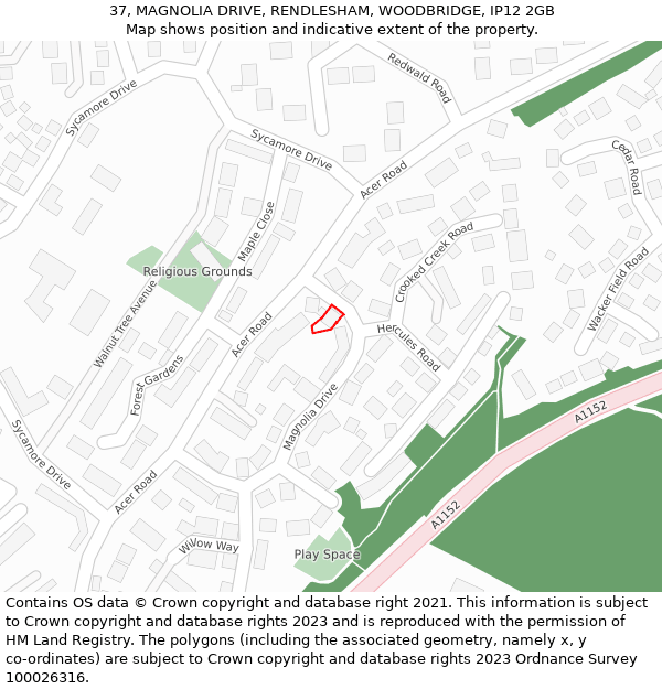 37, MAGNOLIA DRIVE, RENDLESHAM, WOODBRIDGE, IP12 2GB: Location map and indicative extent of plot