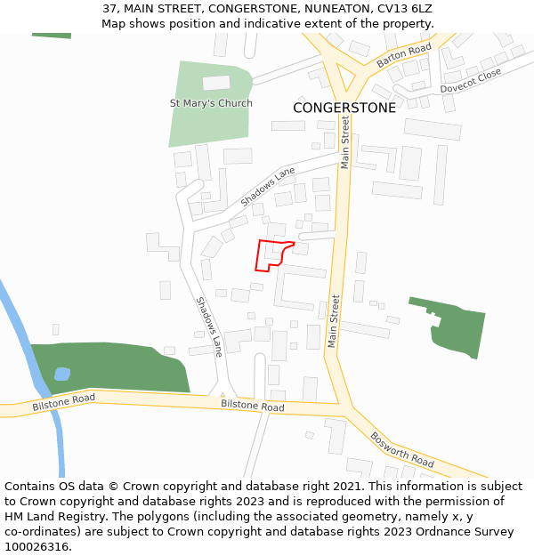 37, MAIN STREET, CONGERSTONE, NUNEATON, CV13 6LZ: Location map and indicative extent of plot