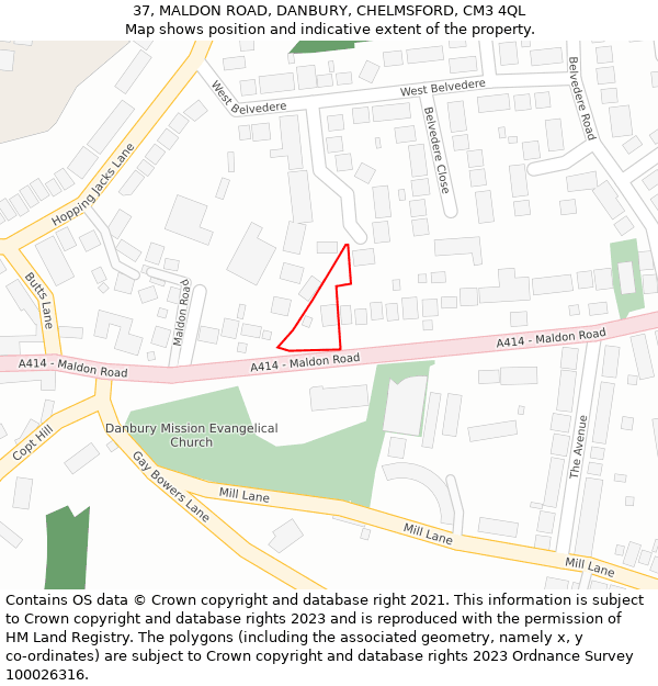 37, MALDON ROAD, DANBURY, CHELMSFORD, CM3 4QL: Location map and indicative extent of plot