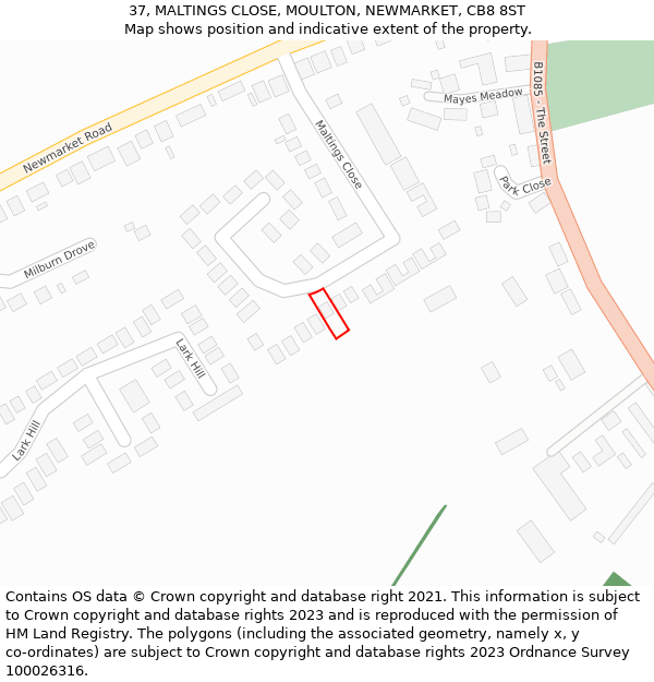 37, MALTINGS CLOSE, MOULTON, NEWMARKET, CB8 8ST: Location map and indicative extent of plot