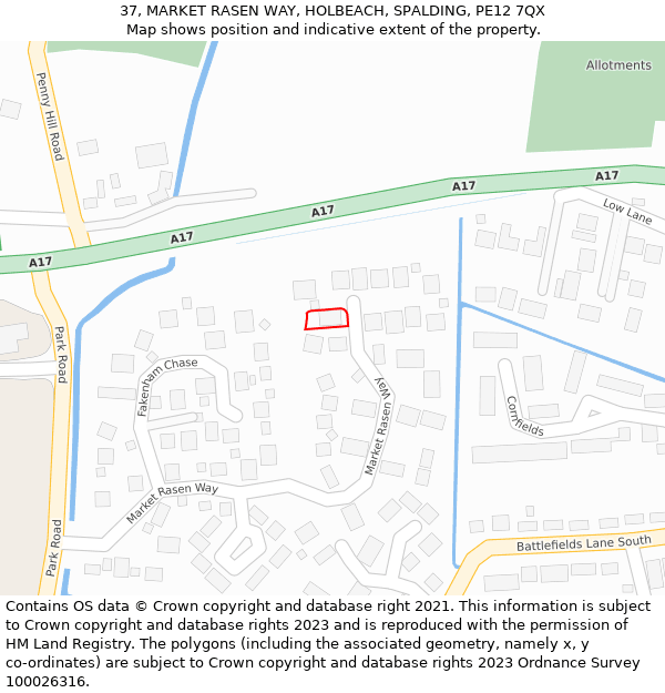 37, MARKET RASEN WAY, HOLBEACH, SPALDING, PE12 7QX: Location map and indicative extent of plot