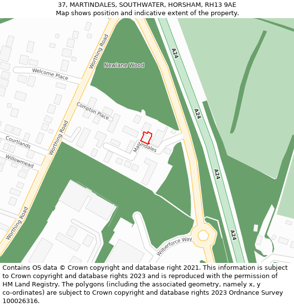 37, MARTINDALES, SOUTHWATER, HORSHAM, RH13 9AE: Location map and indicative extent of plot